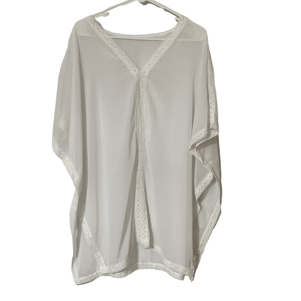 Elegant White Lace Trim Swim Coverup